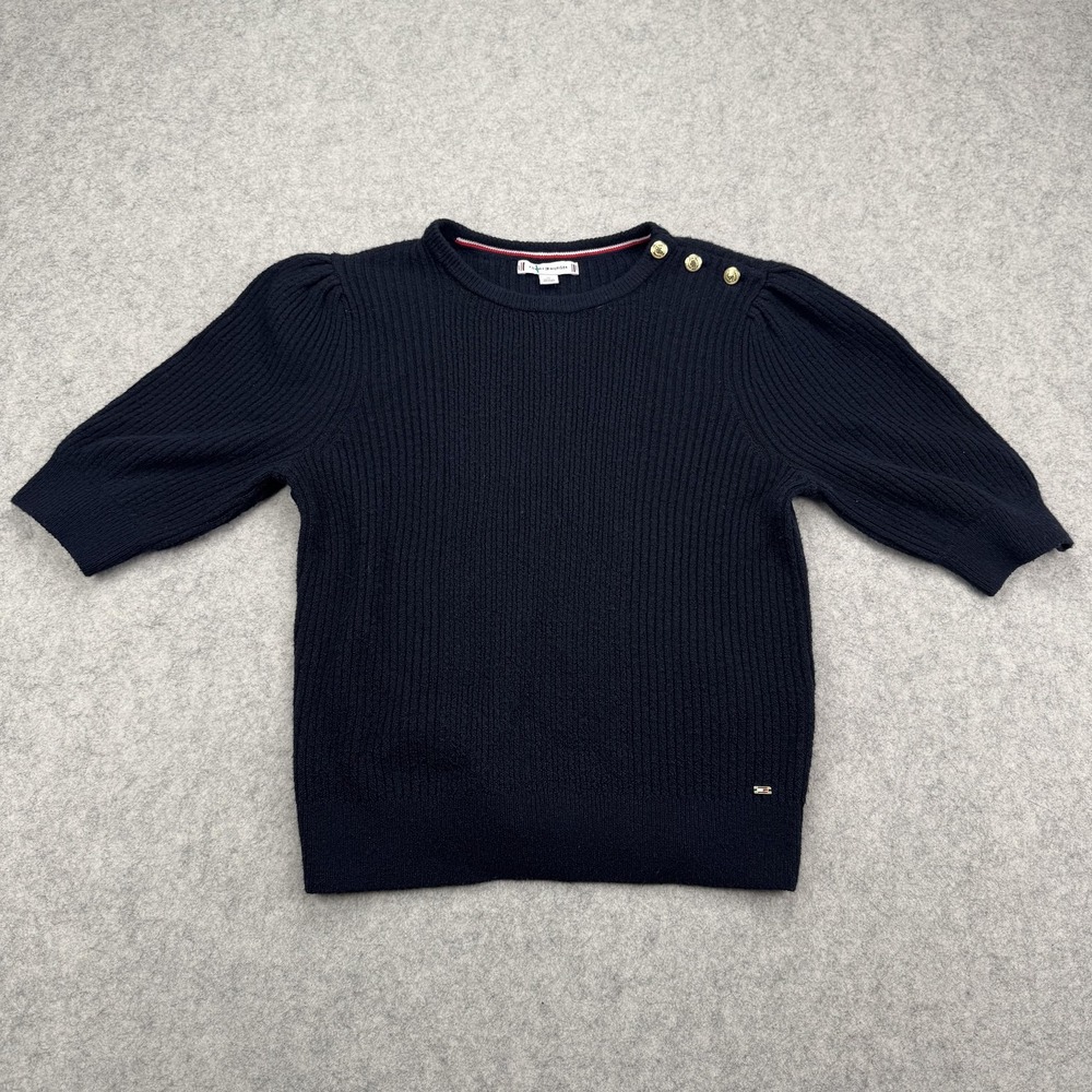 Tommy Hilfiger Girls Navy Blue Ribbed Knit Button Shoulder Puff Sleeve Sweater M